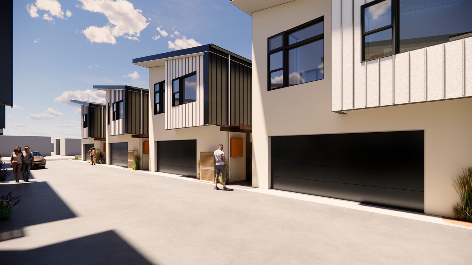 Rendering, community drive aisle and unit garage entrances